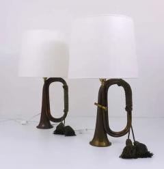 Pair of Brass Trumpet Horn Hunting Table Lamps with White Lampshades 1950s - 4041375