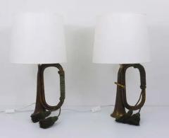 Pair of Brass Trumpet Horn Hunting Table Lamps with White Lampshades 1950s - 4041377