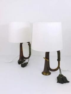 Pair of Brass Trumpet Horn Hunting Table Lamps with White Lampshades 1950s - 4041379