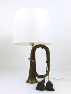 Pair of Brass Trumpet Horn Hunting Table Lamps with White Lampshades 1950s - 4041386