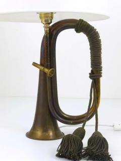 Pair of Brass Trumpet Horn Hunting Table Lamps with White Lampshades 1950s - 4041394