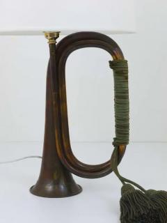Pair of Brass Trumpet Horn Hunting Table Lamps with White Lampshades 1950s - 4041395
