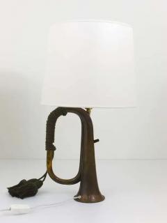Pair of Brass Trumpet Horn Hunting Table Lamps with White Lampshades 1950s - 4041396