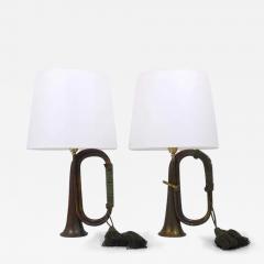 Pair of Brass Trumpet Horn Hunting Table Lamps with White Lampshades 1950s - 4043314
