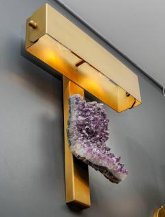 Pair of Brass Wall Sconces with Amethyst and Rectangular Shades - 716258