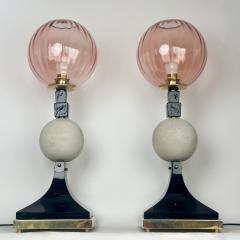 Pair of Brass Wood Pumice Stone w Pink Murano Art Glass Diffusers Table Lamps - 3782598