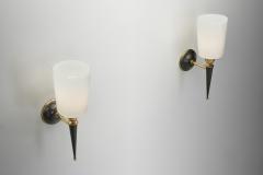 Pair of Brass and Opaline Glass Wall Lamps France 1950s - 4374115
