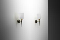 Pair of Brass and Opaline Glass Wall Lamps France 1950s - 4374633