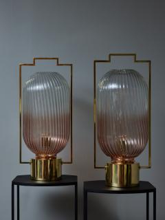 Pair of Brass and Pink Murano Glass Lantern Style Table Lamps - 3107085