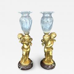Pair of Bronze Cherubs with Glass Vases - 2498959