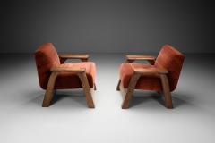 Pair of Brutalist Armchairs Upholstered in Red Mohair France 1960s - 4301487