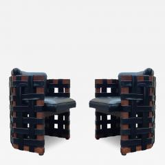 Pair of Brutalist Armchairs Woven Strap Leatherette Wood Frames Circa 1960s - 2942473