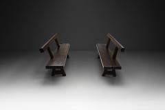 Pair of Brutalist Benches in Solid Oak Belgium Second Half of the 20th Century - 4691888
