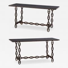 Pair of Brutalist Blue Stone Top Chain Consoles C 1970 - 4740318