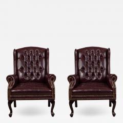 Pair of Burgundy Tufted Leather Wing Back Chairs - 1428308