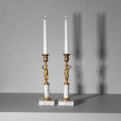 Pair of Candleholders with Karyatids Bronze Marble Early 19th Century - 3621557