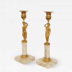 Pair of Candleholders with Karyatids Bronze Marble Early 19th Century - 3622007