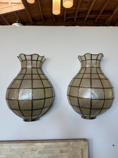 Pair of Capiz Shell and Brass Wall Sconces Large 1970s - 4553316