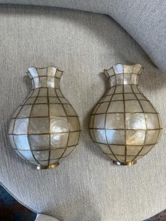 Pair of Capiz Shell and Brass Wall Sconces Large 1970s - 4553321