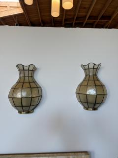 Pair of Capiz Shell and Brass Wall Sconces Small 1970s - 4553341