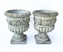 Pair of Cast Stone Planters with Roses circa 1940 - 4742816