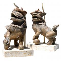 Pair of Ceramic Foo Dog Lamps on Fossil Stone Bases circa 1960 - 572557