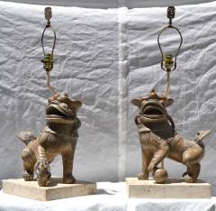 Pair of Ceramic Foo Dog Lamps on Fossil Stone Bases circa 1960 - 572561