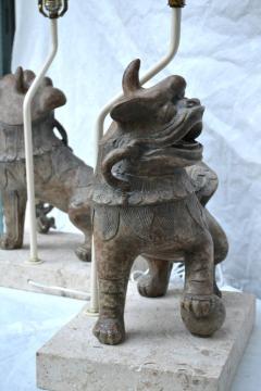 Pair of Ceramic Foo Dog Lamps on Fossil Stone Bases circa 1960 - 572565