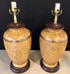 Pair of Ceramic Lamps with Gold Trim and Crackle Finish Wooden Base Bottom - 2972275