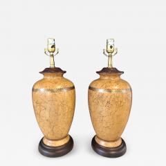 Pair of Ceramic Lamps with Gold Trim and Crackle Finish Wooden Base Bottom - 2974443