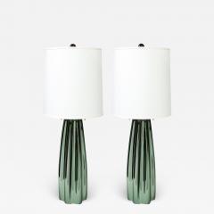 Pair of Channel Form Handblown Murano Iridiscent Viridian Green Table Lamps - 1953343