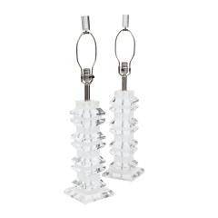 Pair of Chic Table Lamps with Alternating Frosted and Clear Lucite 1970s - 2536667
