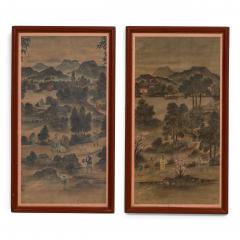 Pair of Chinese 19th C watercolors of genre scenes in red lacquered frames - 4654502