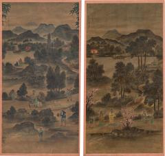 Pair of Chinese 19th C watercolors of genre scenes in red lacquered frames - 4654503
