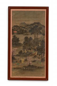Pair of Chinese 19th C watercolors of genre scenes in red lacquered frames - 4654505