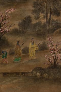 Pair of Chinese 19th C watercolors of genre scenes in red lacquered frames - 4654512