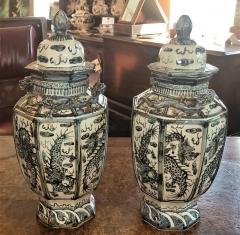 Pair of Chinese B W Hand Painted Dragon Urns - 2238397