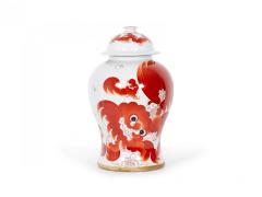 Pair of Chinese Beige and Orange Foo Dog Patterned Porcelain Lidded Ginger Jars - 4199617