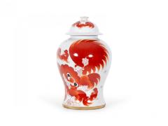 Pair of Chinese Beige and Orange Foo Dog Patterned Porcelain Lidded Ginger Jars - 4199618