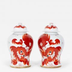 Pair of Chinese Beige and Orange Foo Dog Patterned Porcelain Lidded Ginger Jars - 4260672