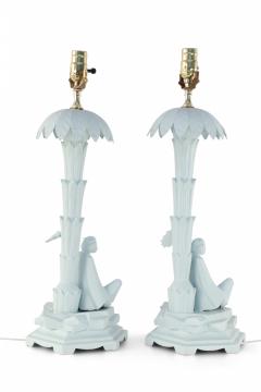 Pair of Chinese Blue Tole Palm Tree and Woman Table Lamps - 4170971