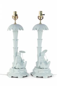 Pair of Chinese Blue Tole Palm Tree and Woman Table Lamps - 4170977