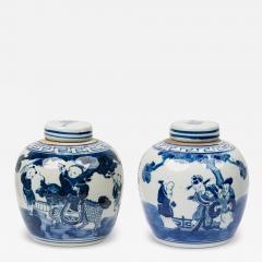 Pair of Chinese Blue White Porcelain Covered Jars with Figural Scenes - 4412424