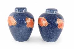 Pair of Chinese Blue and Orange Fish Design Lidded Porcelain Jars - 4408370