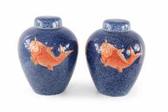 Pair of Chinese Blue and Orange Fish Design Lidded Porcelain Jars - 4408371