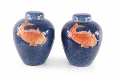 Pair of Chinese Blue and Orange Fish Design Lidded Porcelain Jars - 4408373