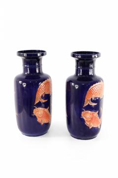 Pair of Chinese Blue and Orange Fish Design Porcelain Sleeve Vases - 4408384