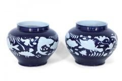 Pair of Chinese Blue and White Underwater Motif Porcelain Pots - 4408855