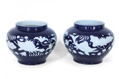 Pair of Chinese Blue and White Underwater Motif Porcelain Pots - 4408857