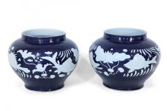 Pair of Chinese Blue and White Underwater Motif Porcelain Pots - 4408858